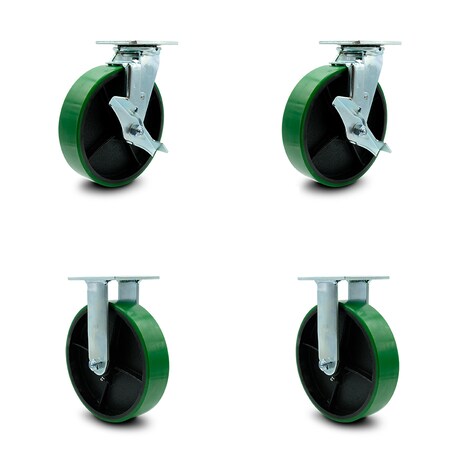 Service Caster 8 Inch Green Poly on Cast Iron Caster Set with Roller Bearings 2 Brakes 2 Rigid SCC-30CS820-PUR-GB-TLB-2-R820-2